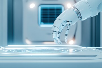 Poster - A futuristic robotic hand interacting with a glowing sensor interface in a high-tech environment.
