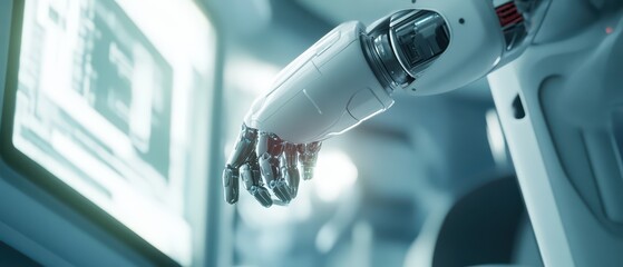 Poster - A futuristic robotic hand reaching towards a computer screen, symbolizing advancements in technology and robotics.