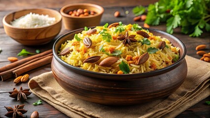 Delicious biryani rice dish served with toasted almonds , Biryani, Rice, Almond, Indian cuisine, Food, Spices, Aromatic