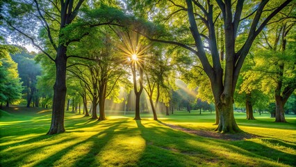 Canvas Print - Sunlight filtering through trees in a park , nature, sunlight, park, trees, shadows, green, foliage, sunshine, serene