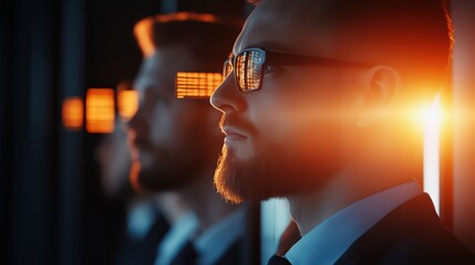 A professional man in glasses poses confidently in a modern setting, illuminated by warm light, exuding determination and focus.