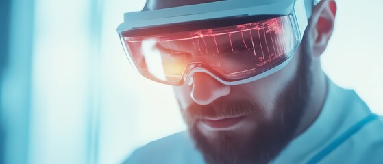 Poster - A researcher wearing futuristic goggles, focused on advanced technology in a modern laboratory setting.