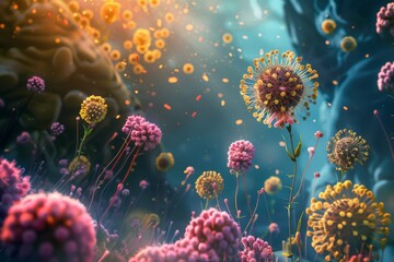 Poster - An illustration featuring various viruses and bacteria, highlighting their distinct forms and characteristics under a microscope, The delicate balance of the immune system, AI generated