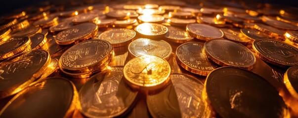 Aufkleber - A vibrant close-up of golden coins stacked together, reflecting light beautifully, symbolizing wealth and prosperity.