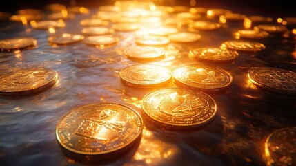 A stunning array of golden coins glimmering under soft light, creating a rich and luxurious visual perfect for finance themes.