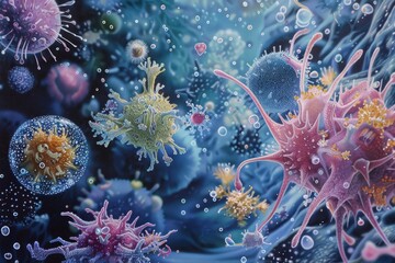 Poster - A diverse collection of viruses and bacteria, showcasing their unique shapes and sizes in a microscopic view, The delicate balance of the immune system, AI generated