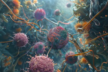 Poster - A visual representation of multiple viruses and bacteria, emphasizing their intricate structures and diversity in a microscopic setting, The delicate balance of the immune system, AI generated