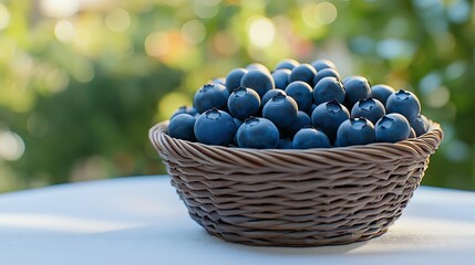 Canvas Print - A basket of freshly picked blueberries sits on a white tablecloth with a blurred garden background, leaving space on the right for text