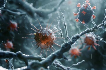 Poster - A detailed image displaying a group of viruses and bacteria, capturing their unique appearances and microscopic details, The delicate balance of the immune system, AI generated