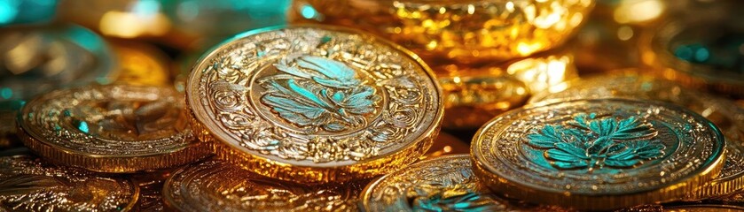 Poster - Golden coins stacked together, reflecting light, showcasing wealth, prosperity, and timeless elegance in a vibrant backdrop.