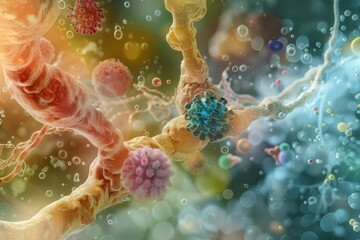 Poster - A detailed image displaying a group of viruses and bacteria, capturing their unique appearances and microscopic details, The delicate balance of the immune system, AI generated