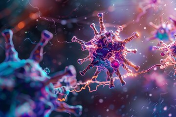 Poster - A detailed image displaying a group of viruses and bacteria, capturing their unique appearances and microscopic details, The delicate balance of the immune system, AI generated