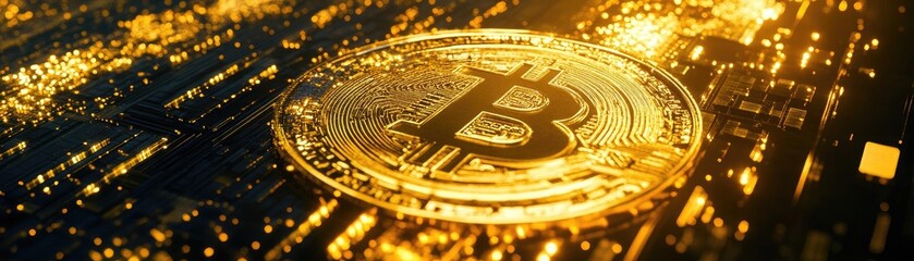 Poster - A close-up of a Bitcoin coin glowing amidst a backdrop of digital circuits and golden light, symbolizing cryptocurrency innovation.