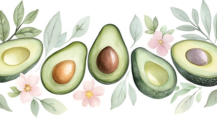 Poster - Watercolor Avocado and Flowers Seamless Pattern for Design Projects