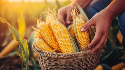 Canvas Print - Close-up of hands placing freshly picked ears of corn into a wicker basket, with corn stalks and a warm golden background