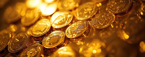 Aufkleber - A close-up view of gleaming gold coins stacked together, reflecting light in a rich, warm ambiance. Perfect for financial themes.
