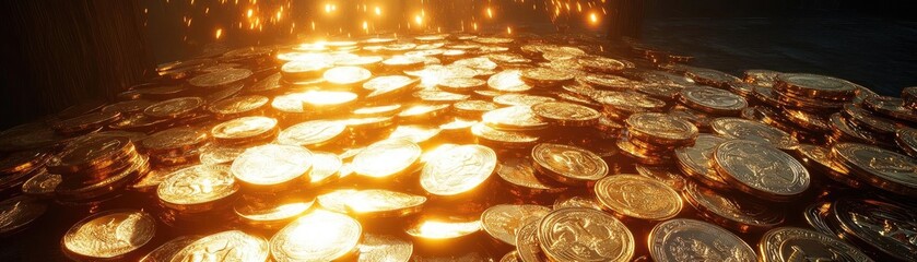 Poster - A mesmerizing view of gleaming coins illuminated by soft light, ideal for themes of wealth, prosperity, and finance.