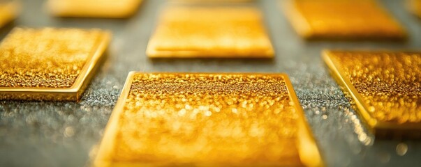 Poster - Close-up view of golden squares, showcasing texture and shine against a blurred background. Perfect for luxury themes.