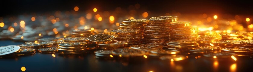 Poster - Glittering gold coins create an enchanting display, capturing the essence of wealth, prosperity, and luxury in a vibrant environment.