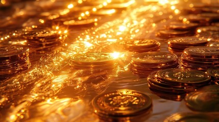 Aufkleber - A glittering collection of coins illuminated by warm light, showcasing texture and richness, perfect for financial themes.