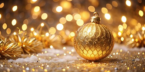 Wall Mural - Golden Christmas ornament with sparkling accents on a blurred background of glowing lights, festive atmosphere