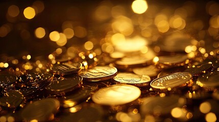 Aufkleber - Close-up of shimmering golden coins scattered on a surface, reflecting light, symbolizing wealth and prosperity.