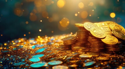 Poster - A dazzling collection of gold coins stacked elegantly, surrounded by shimmering lights that evoke a sense of wealth and luxury.
