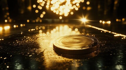 Poster - A close-up of a coin on a reflective surface with sparkling lights in the background, symbolizing wealth and prosperity.