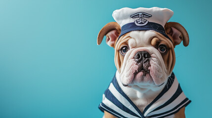 Bulldog in an adorable sailor costume against a light blue background.