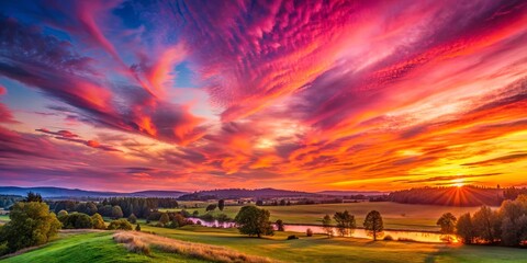 Poster - Vibrant pink sky during sunset over a serene landscape, pink, sky, sunset, vibrant, landscape, serene, colorful, clouds