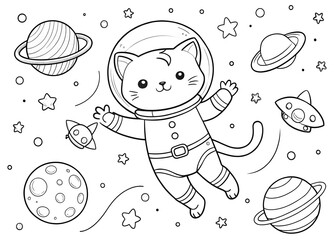  Hand drawn kawaii coloring book with cat astronaut AI generated