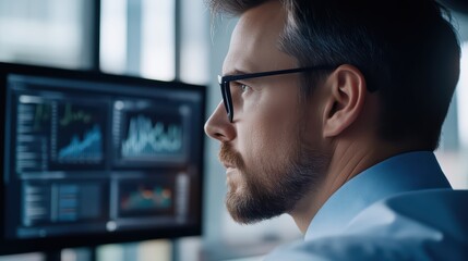 Poster - Focused professional analyzing data on a computer screen in a modern office environment, emphasizing concentration and productivity.