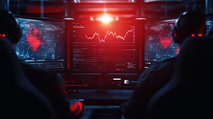 Poster - Futuristic control room with monitors displaying data and charts, ideal for technology and cybersecurity themes.