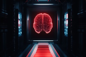 Poster - Futuristic digital corridor featuring a neon brain display, symbolizing advanced technology and innovation in neuroscience.