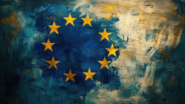 A vintage Europe Day celebration image, with the European Union flag painted in bold brushstrokes against a textured backdrop.