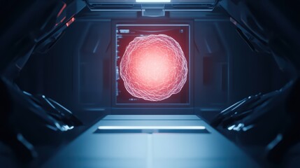Poster - Futuristic interface displaying a glowing sphere in a high-tech environment, symbolizing advanced technology and innovation.
