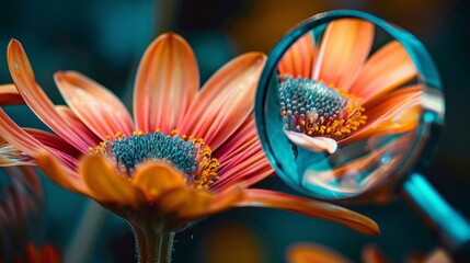 Image shows two vibrant orange flowers with a magnifying glass zooming in on one, highlighting its intricate details. Blurry blue-green background adds tranquility.