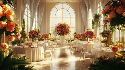 Luxurious Event Hall Featuring Round Tables and Breathtaking Floral Arrangements