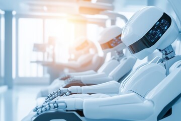 Poster - Futuristic robots seated in a modern environment, showcasing advanced technology and design innovation in a sleek workspace.