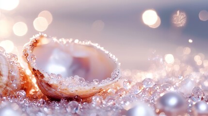 Wall Mural -  A tight shot of a seashell, adorned with water droplets, against a softly blurred backdrop of the shell