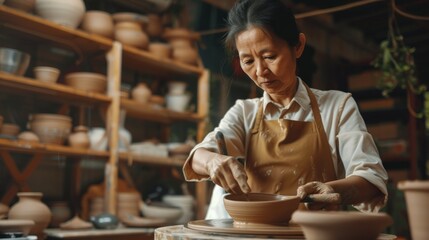 Wall Mural - An Asian woman expertly shapes pottery at a well-equipped workshop, surrounded by finished items. The scene radiates artistic warmth and skill.