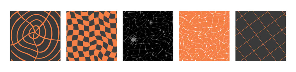 Poster - Halloween square backgrounds, cards with grids and spider webs, spooky decorative paper covers. Vector illustration, backdrop set.