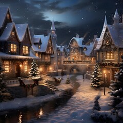 Wall Mural - Winter village at night with snow covered houses and trees, digital painting