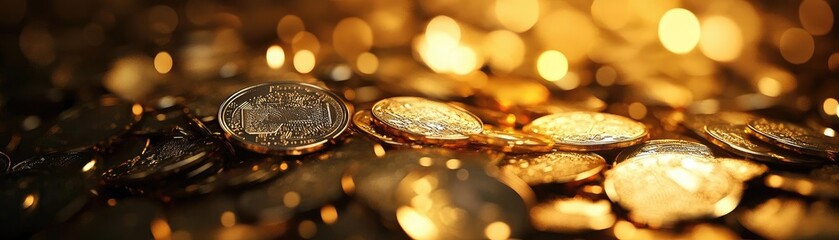 Poster - Close-up view of shiny gold coins scattered on a golden surface, reflecting light and creating a rich, luxurious ambiance.