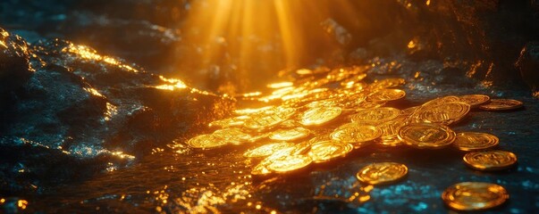 Aufkleber - Glistening gold coins scattered on a reflective surface, illuminated by warm rays of light, creating a captivating treasure scene.