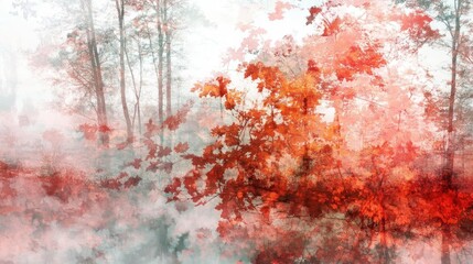 Poster - Autumn landscape with vibrant red leaves, enveloped in soft mist, creating a serene and mystical atmosphere in nature.