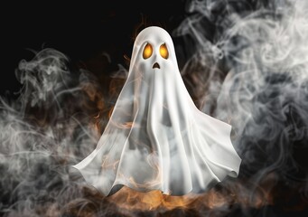 Spooky white ghost isolated on black background. Halloween concept.