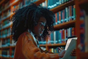 Poster - a person working on their laptop in a quiet library setting, perfect for educational or corporate us