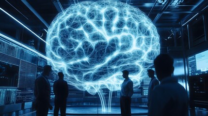 Poster - Scientists Analyze 3D Brain Model in Futuristic Lab