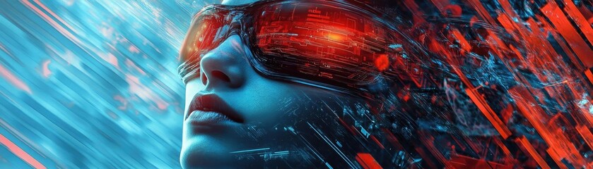 Aufkleber - A futuristic portrait featuring a person with vibrant sunglasses against a backdrop of dynamic colors and digital patterns.